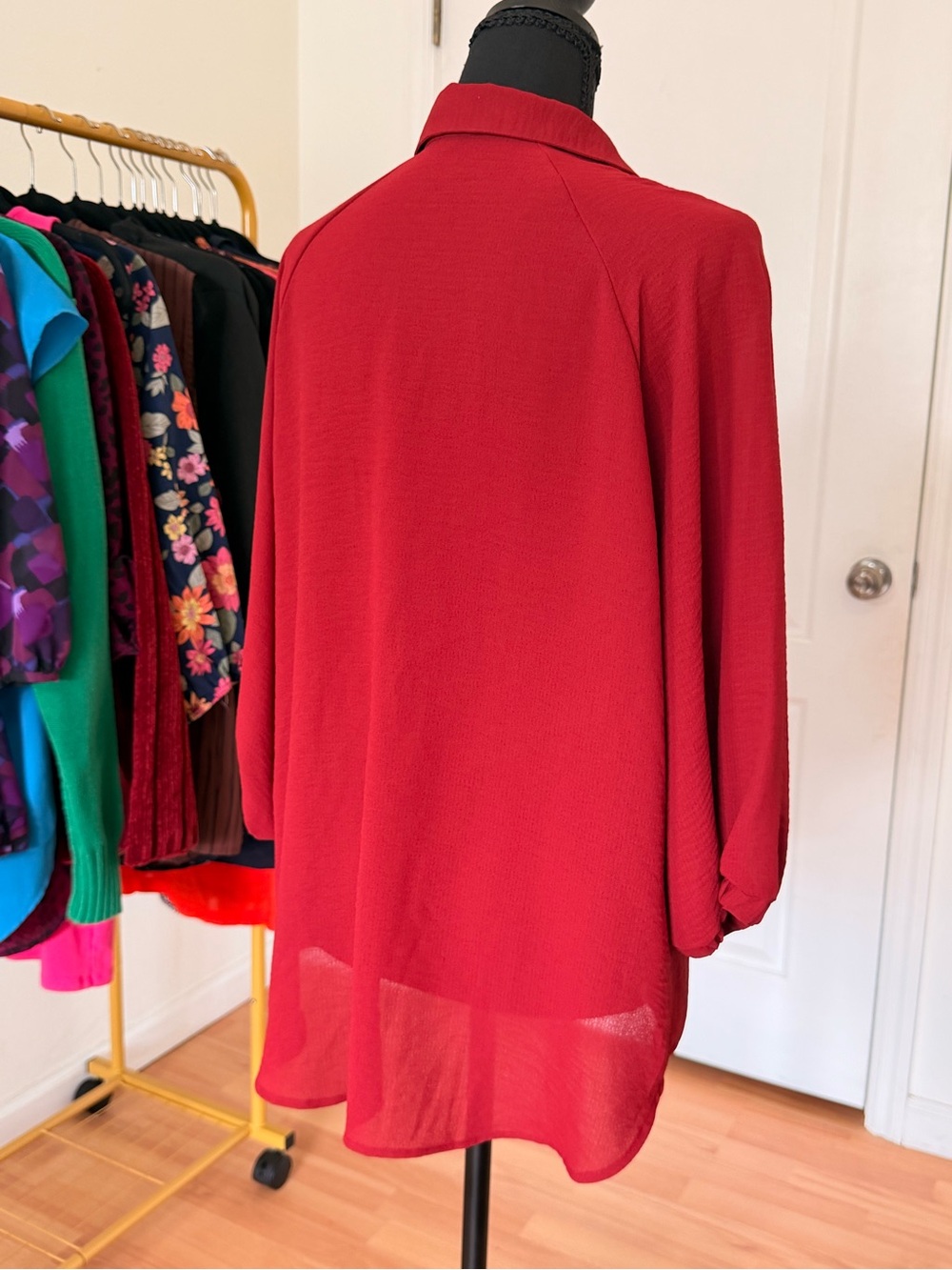 Express Red Collared Button-Front Blouse - Picture 3 of 6